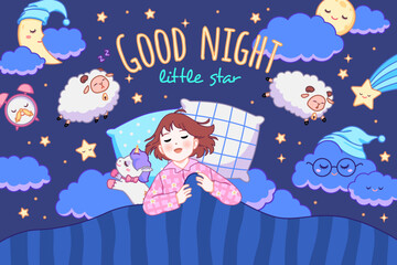 Happy bedtime card. Little girl in pajama sleeps in bed with unicorn soft toy, good night banner, childish sweet dream, clouds and stars, night sky cartoon isolated tidy vector concept