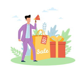 Discount advertising. Man speak in megaphone, sale promotion, packet and gift box, wrapped container with ribbon, festive packaging. Shopping special offer. Vector cartoon flat promo concept