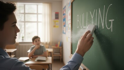 Student erasing the word bullying from classroom chalkboard symbolizing awareness kindness and education against harassment in school environment