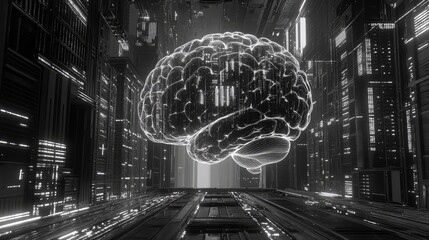Digital brain thinking in futuristic data city
