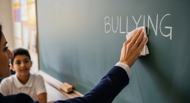 Teacher erasing the word bullying from classroom chalkboard in front of student symbolizing education awareness and prevention of harassment in schools