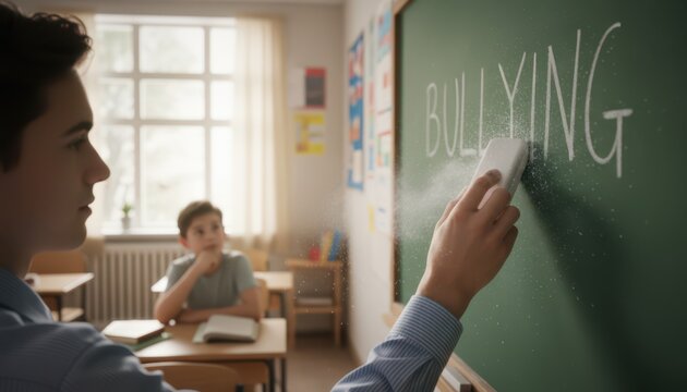Student erasing the word bullying from classroom chalkboard symbolizing awareness kindness and education against harassment in school environment