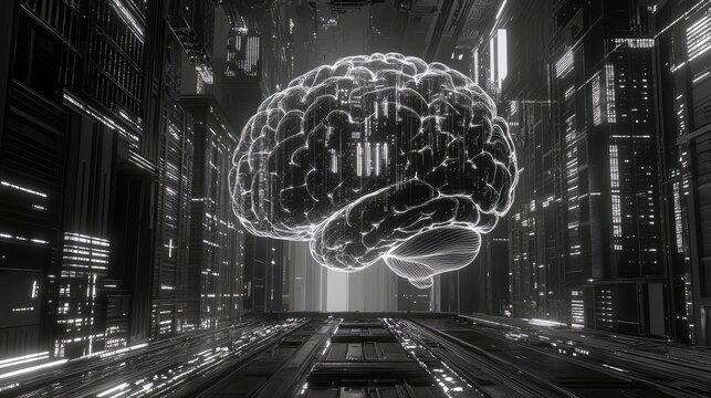 Digital brain thinking in futuristic data city - Powered by Adobe