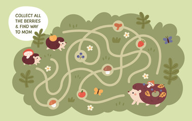 Cute hedgehog game. Little funny animals, educational kids maze, help hedgehogs to get to mom, finding right way, childish template, cartoon flat isolated wildlife garish vector concept