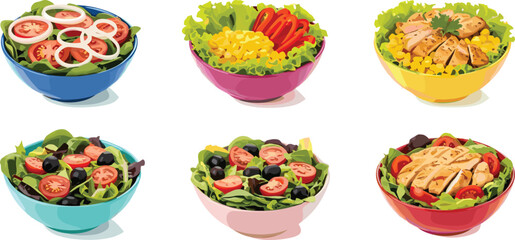 Salad bowl illustration, healthy food, vegetable mix, grilled chicken, cherry tomatoes, leafy greens, colorful meal, vector art, nutrition, freshness