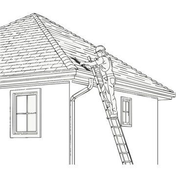 A diligent worker safely cleans the clogged gutters of a residential home, ensuring proper drainage and preventing potential water damage to the property structure.