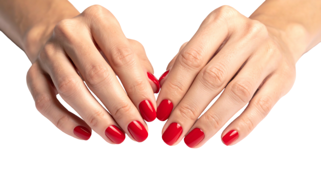 Close-up studio shot of two hands with painted nails. Hands are shown in front of black background. Bright red polish