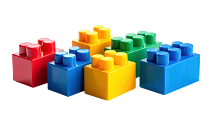 Colorful plastic building blocks, arranged against a black backdrop
