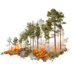 Wildfire burning pine trees causing forest destruction