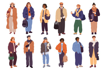 City people in casual wear. Current images in clothing, men and women with multi layered outfits standing, fashion accessories, contemporary character cartoon isolated garish vector set