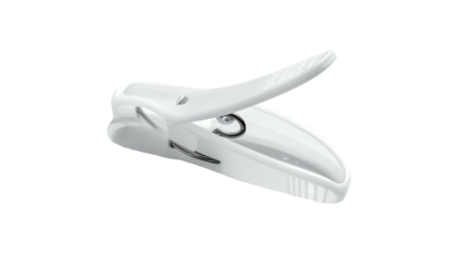 Angled view of a single white plastic clothespin in open position