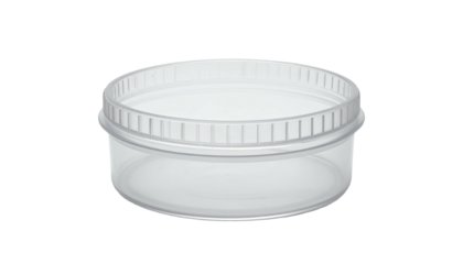 Clear, empty, round, ribbed-lid container, against black backdrop