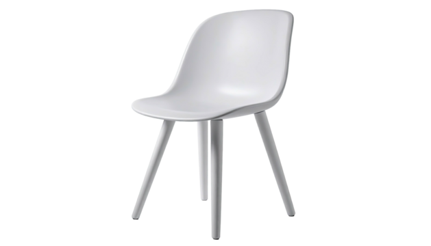 Modern white plastic chair with wooden legs on black background