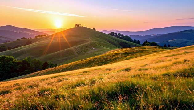 A picturesque landscape of rolling green hills and meadows bathed in the warm glow of a sunset, with sun rays casting long shadows.