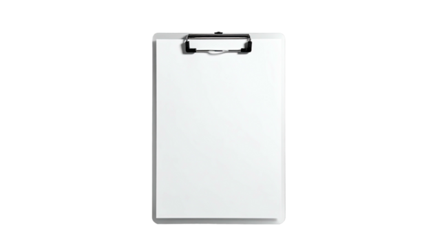 Clipboard holding a blank white sheet, against black background