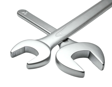Close-up studio shot of two chrome-colored, open-end tools, crossed over each other against a solid black backdrop