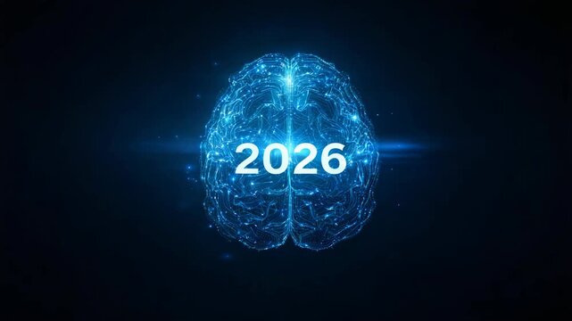 Digital brain blueprint with 2026 numeric overlay in blue light