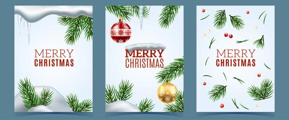 Christmas congratulation cards. Merry xmas and happy new year poster design. Fir tree branches with glass toys hanging and holly berry, falling snow and icicles realistic elements. Vector set