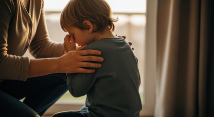 Upset young boy sitting indoors covering face while caring parent offers gentle comfort and emotional support in warm light