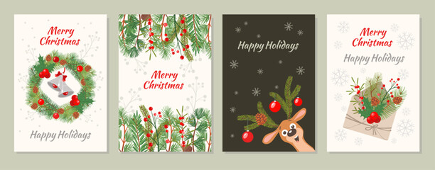 Christmas branches cards. Winter holiday banners, decorative fir sprigs with cones, red berries and bells, new year festive posters, happy deer character splendid vector cartoon set