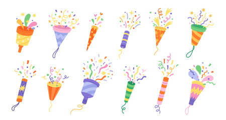 Cartoon party popper with confetti. Different firecrackers, exploding paper cones and cylinders, festive loud accessories. Birthday decoration, New Year and Christmas. Garish vector set