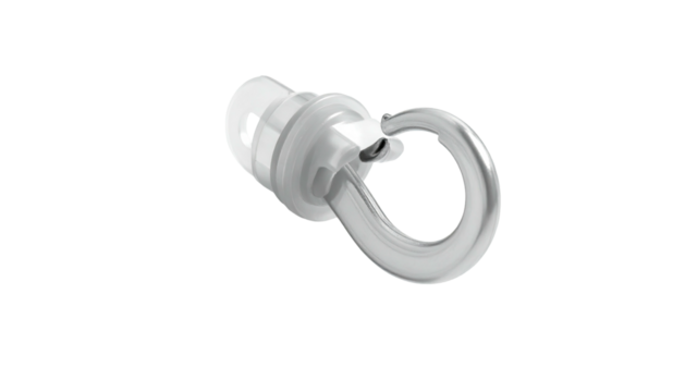 White plastic eyelet-clip connector against a black background