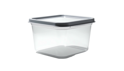 Square plastic container with a gray lid on a black background