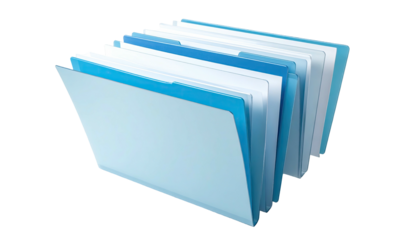 Stacked open file folders, gradient blues, organized papers