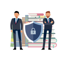 Archive data protection. Secure shield, bodyguards men in suits standing, computer and smartphone information security, private life safe technology. Cartoon flat isolated vector concept