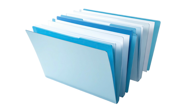 Stacked open file folders, gradient blues, organized papers