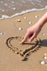 A girl draws a heart with her finger on wet sand. The frame shows her right hand, which draws a heart symbol with its finger.