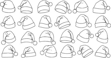 Collection of various Santa hats in line art style. Doodle outline illustrations for Christmas and holiday season decorations, black and white sketch.