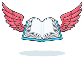 Flying open book with wings illustration for reading and education.