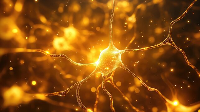 Golden glowing neuron cell sending electrical signals
