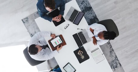 Boardroom, doctors and people with tech, healthcare and budget for treatment plan and collaboration. Hospital, team and research for clinic grants with info, above and funding for medical services - Powered by Adobe