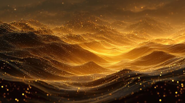 Golden shimmering waves forming abstract particle landscape - Powered by Adobe