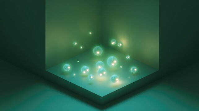 Glowing spheres floating in abstract green technological space