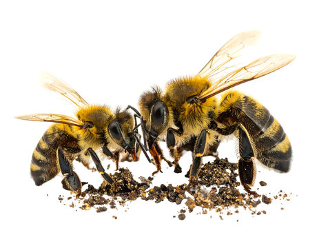 Close-up of two honeybees interacting with each other, partially transparent background, showcasing detailed wings and bodies - Powered by Adobe