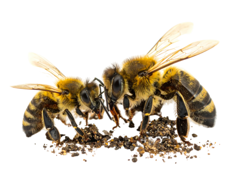 Close-up of two honeybees interacting with each other, partially transparent background, showcasing detailed wings and bodies