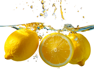 Close-up view captures three vibrant yellow citrus fruits submerged in clear water, with one halved to display juicy segments