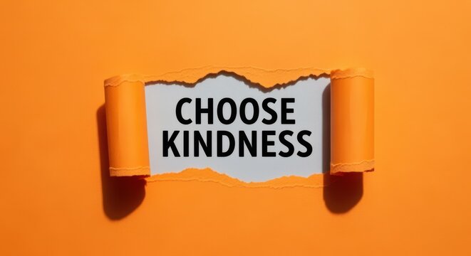 Torn orange paper revealing bold black text choose kindness promoting compassion empathy and positive attitude in motivational concept
