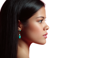 Glowing Tan Skin Profile with Flowing Black Hair and Bold Turquoise Jewelry for PNG Use
