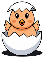 Cartoon chick hatching from a cracked egg with black outline, new life illustration