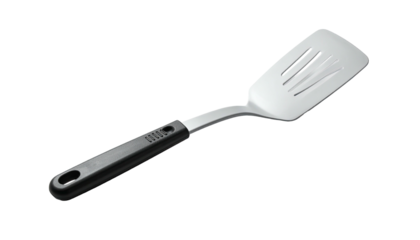Silver slotted turner with black handle, kitchen utensil