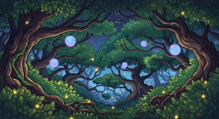 Magical Enchanted Forest at Night with Glowing Fireflies and Fantasy Lights