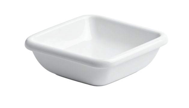 Small, square, empty, white ceramic dish on a black background