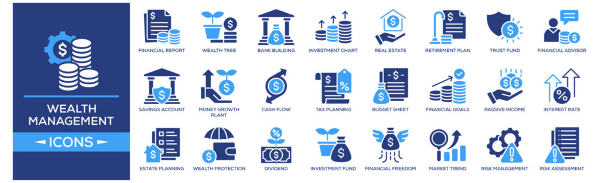 Wealth Management icon set. Containing design Financial Report, Wealth Tree, Bank Building, Investment Chart, Financial Freedom. Solid icon collection.