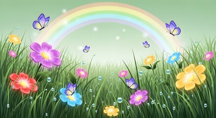 Magical Spring Meadow with Colorful Flowers, Butterflies, and Rainbow Background