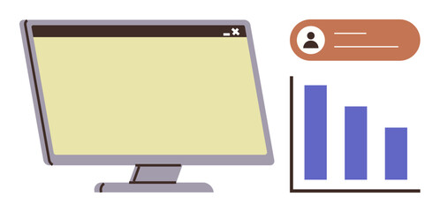 Computer monitor, user profile card, and bar chart highlight online data visualization, analytics, user interface design. Ideal for technology, business, data management, education performance