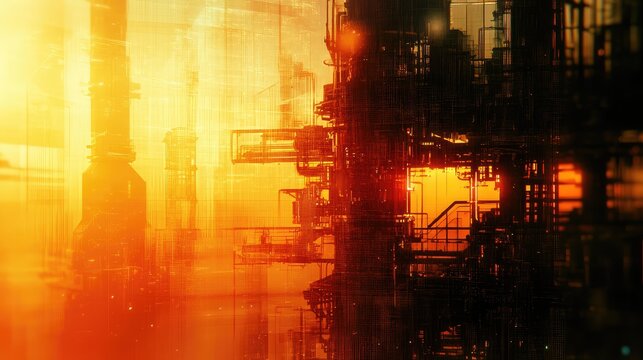 Industrial refinery complex producing energy during vibrant sunset